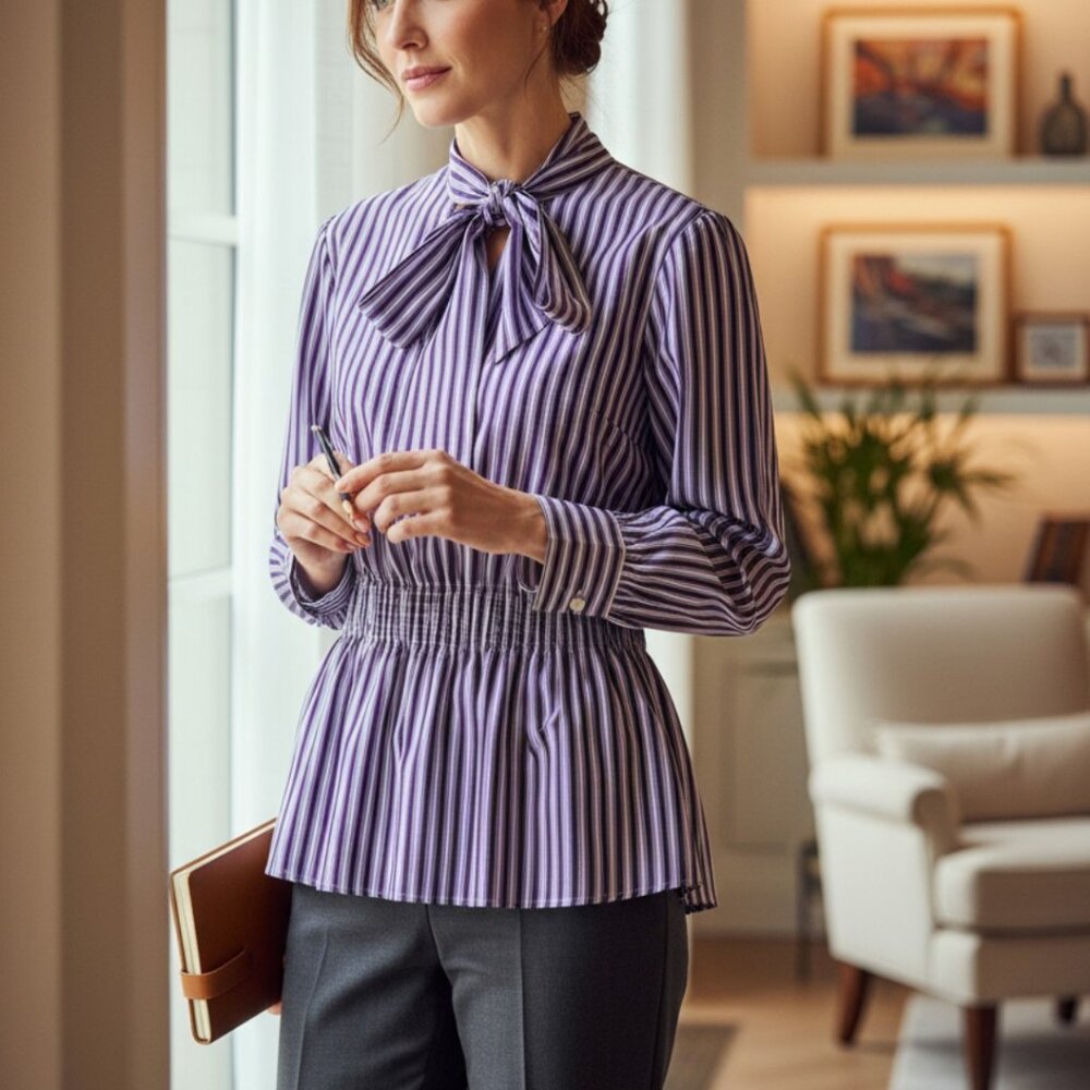 Teija Blue Striped Pleated Detail Mock Neck Long Sleeve 100% Cotton Blouse XL